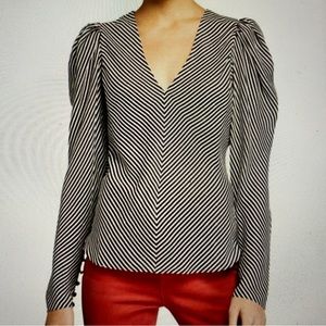 FRAME Striped Silk Shirred V Neck